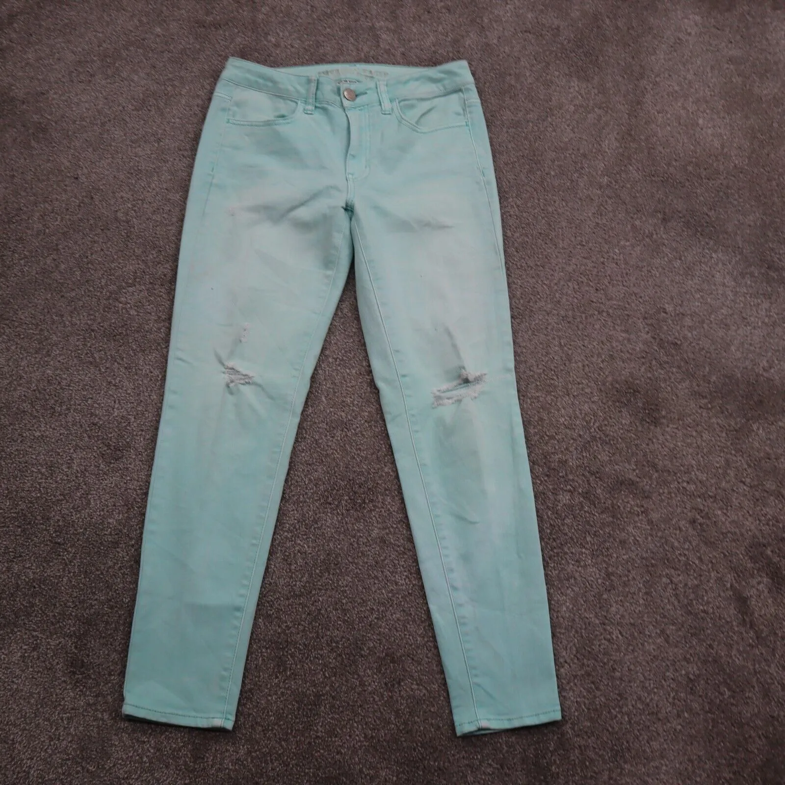 American Eagle Womens Super Stretch Skinny Leg Jeans Distressed Aqua Blue SZ W30