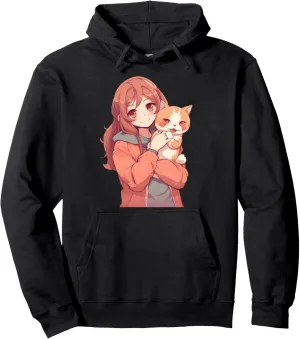 Anime Cat Lover Cute Girl Cat Kawaii Graphic For Teens Girls Pullover Hoodie