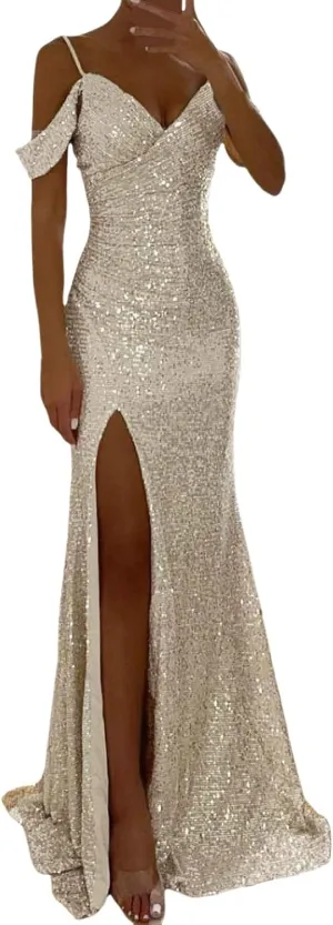 Aniywn Sparkly Sequin Prom Dresses for Women 2025 Long Bodycon Off Shoulder Formal Evening Party Gown with Slit Formal Gown