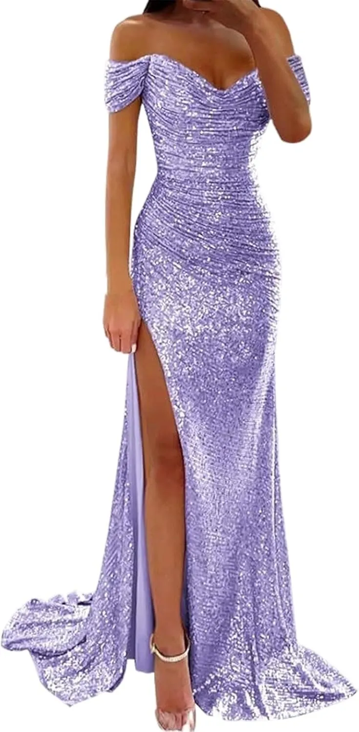 Aniywn Sparkly Sequin Prom Dresses for Women 2025 Long Bodycon Off Shoulder Formal Evening Party Gown with Slit Formal Gown