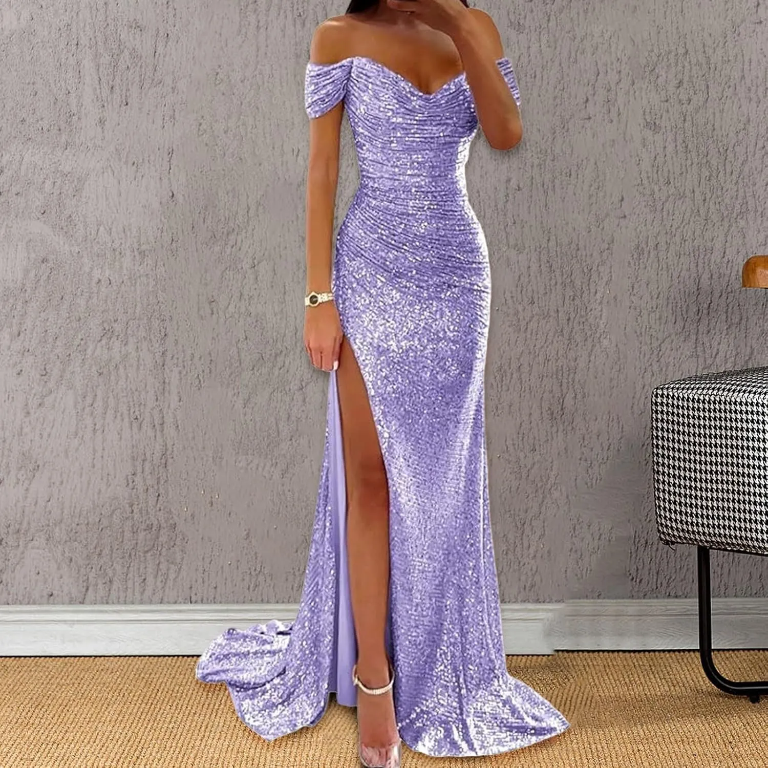 Aniywn Sparkly Sequin Prom Dresses for Women 2025 Long Bodycon Off Shoulder Formal Evening Party Gown with Slit Formal Gown