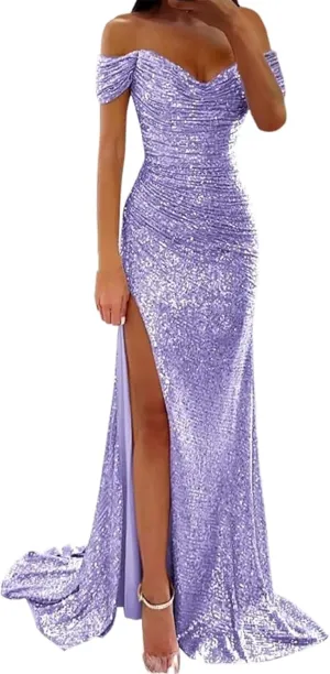 Aniywn Sparkly Sequin Prom Dresses for Women 2025 Long Bodycon Off Shoulder Formal Evening Party Gown with Slit Formal Gown
