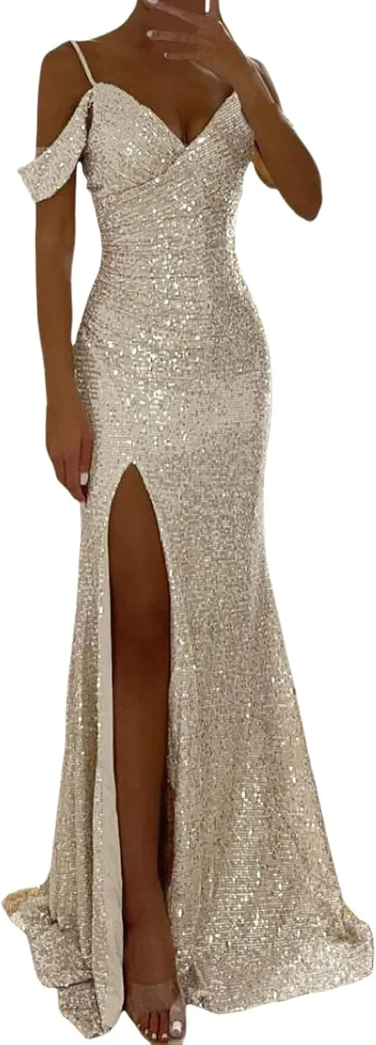Aniywn Sparkly Sequin Prom Dresses for Women 2025 Long Bodycon Off Shoulder Formal Evening Party Gown with Slit Formal Gown