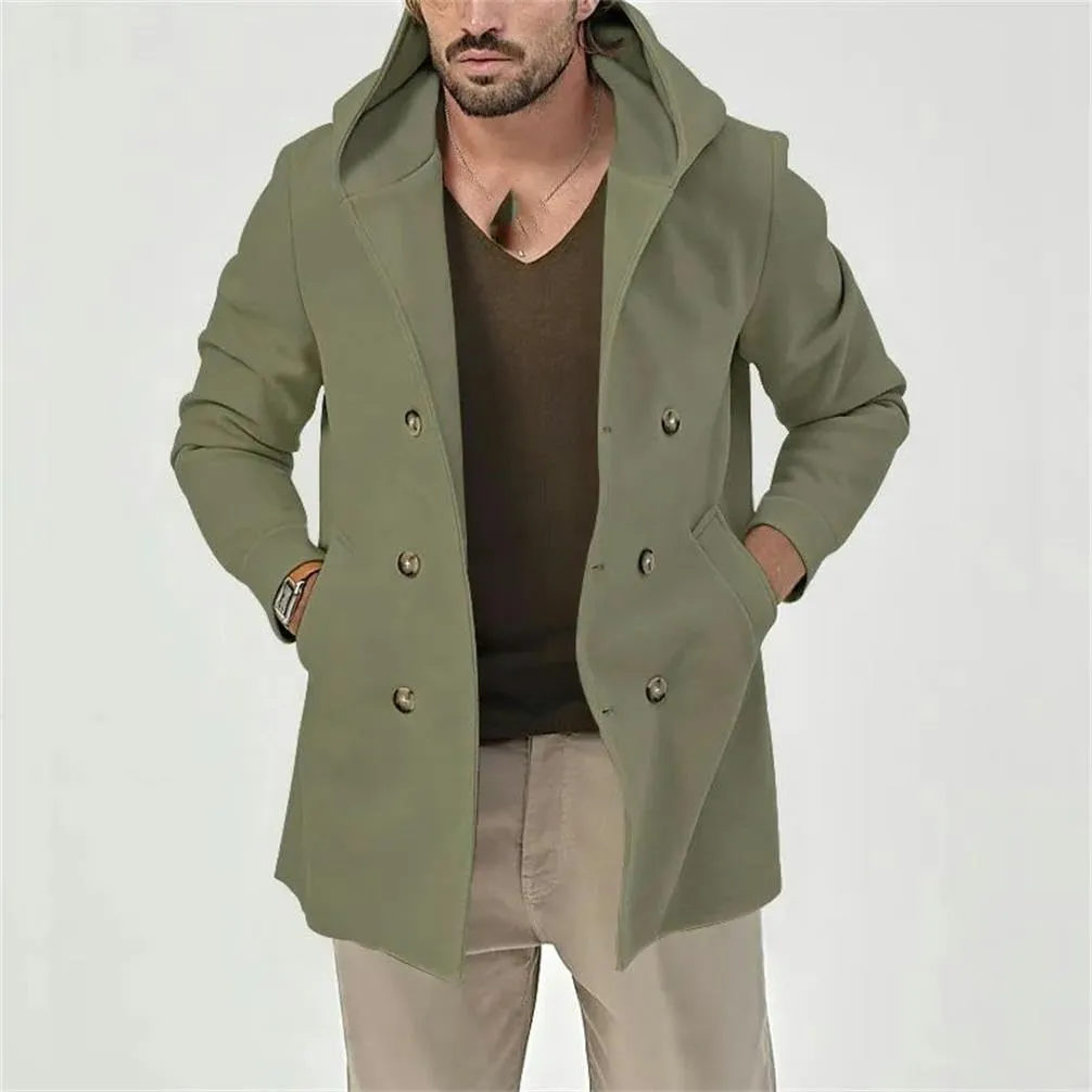 Autumn Men Trench Coat Jacket Mid-length Hooded Double-breasted Casual Menswear Spring Cardigan Male Tops