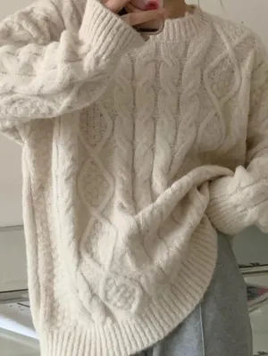 Back To School Sonicelife Solid Crew Neck Cable Knit Sweater