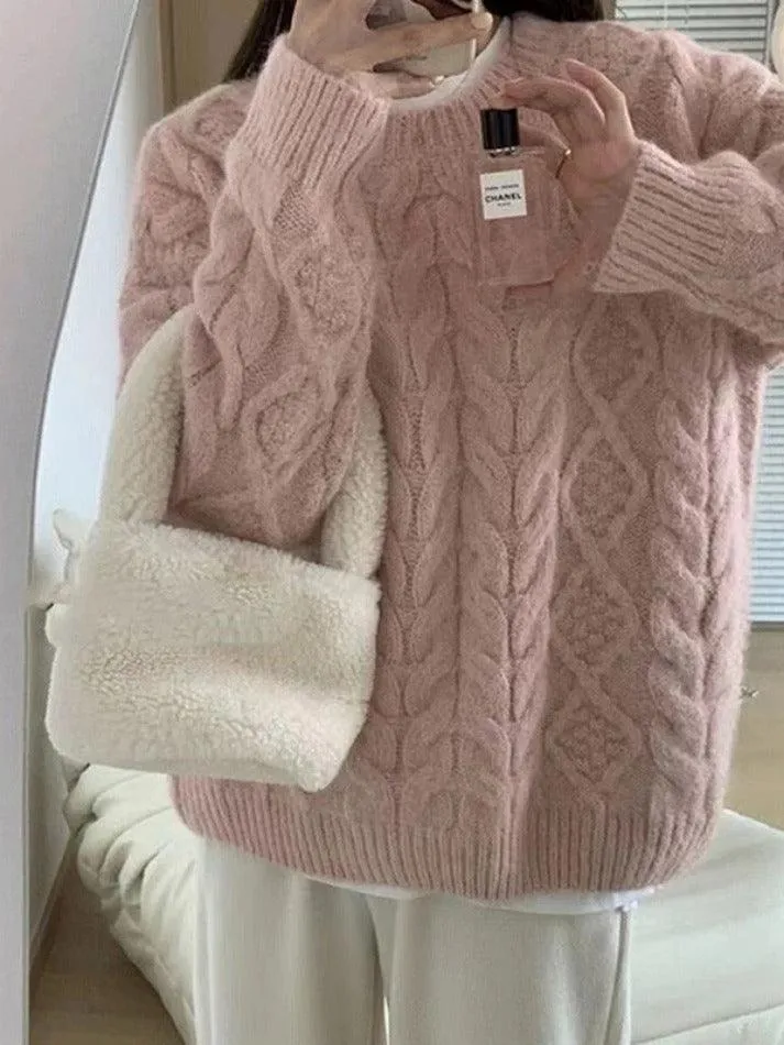 Back To School Sonicelife Solid Crew Neck Cable Knit Sweater
