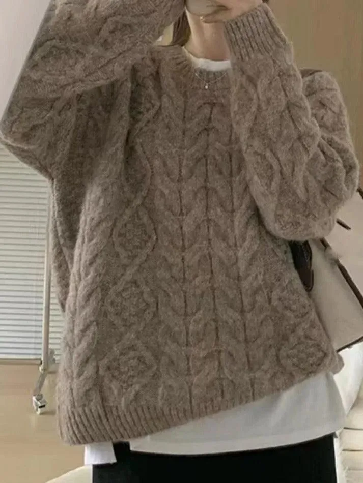 Back To School Sonicelife Solid Crew Neck Cable Knit Sweater