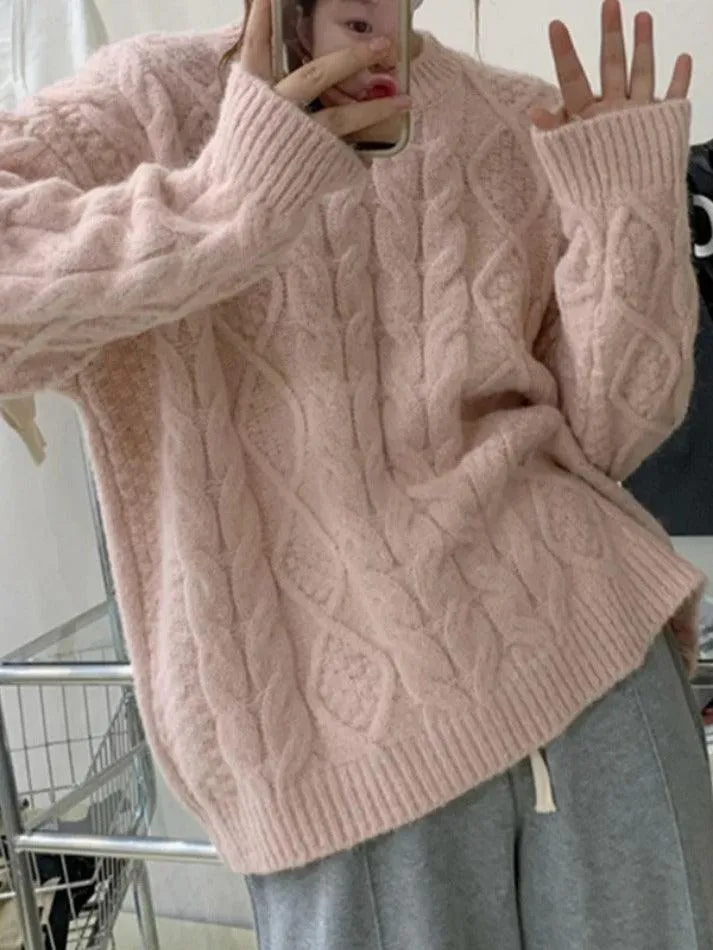 Back To School Sonicelife Solid Crew Neck Cable Knit Sweater