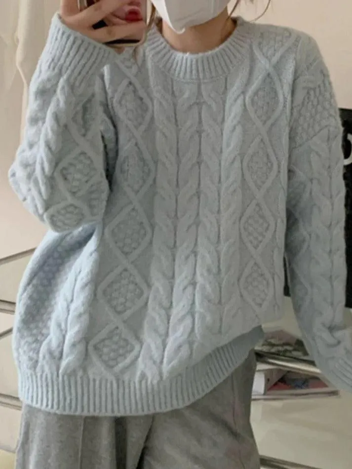 Back To School Sonicelife Solid Crew Neck Cable Knit Sweater