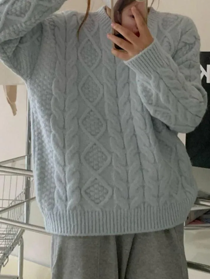 Back To School Sonicelife Solid Crew Neck Cable Knit Sweater