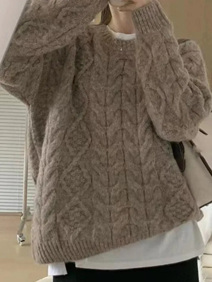 Back To School Sonicelife Solid Crew Neck Cable Knit Sweater