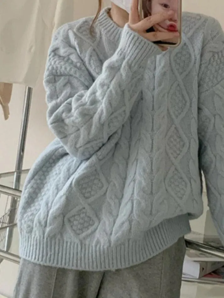 Back To School Sonicelife Solid Crew Neck Cable Knit Sweater