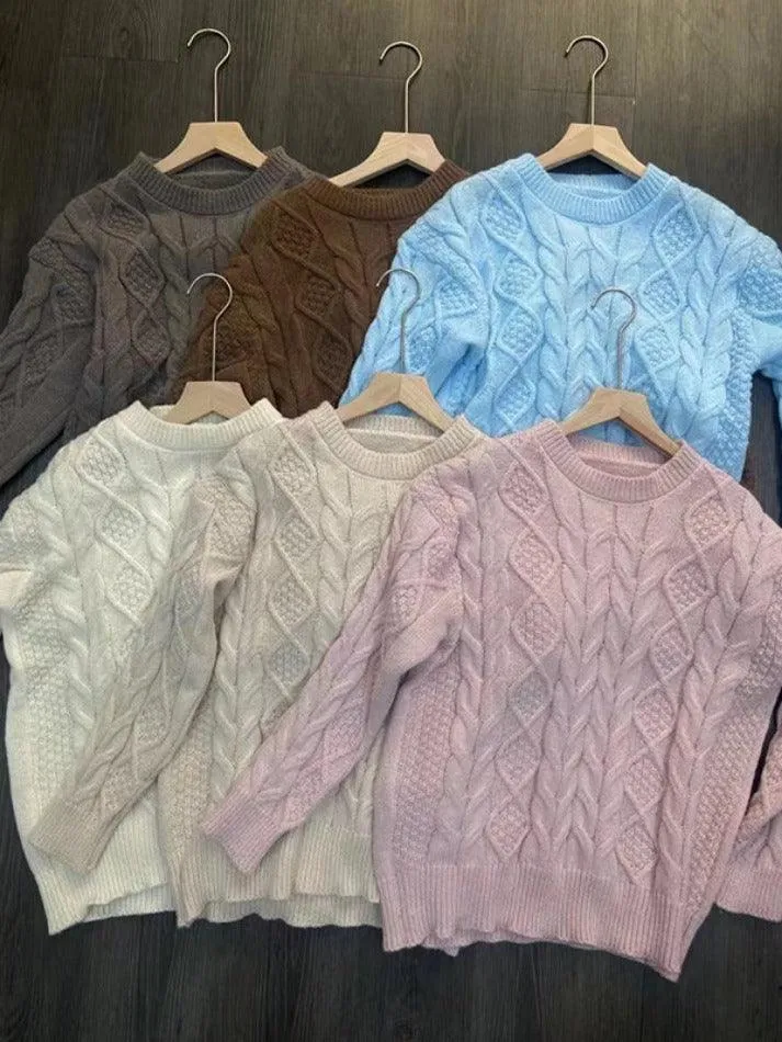 Back To School Sonicelife Solid Crew Neck Cable Knit Sweater