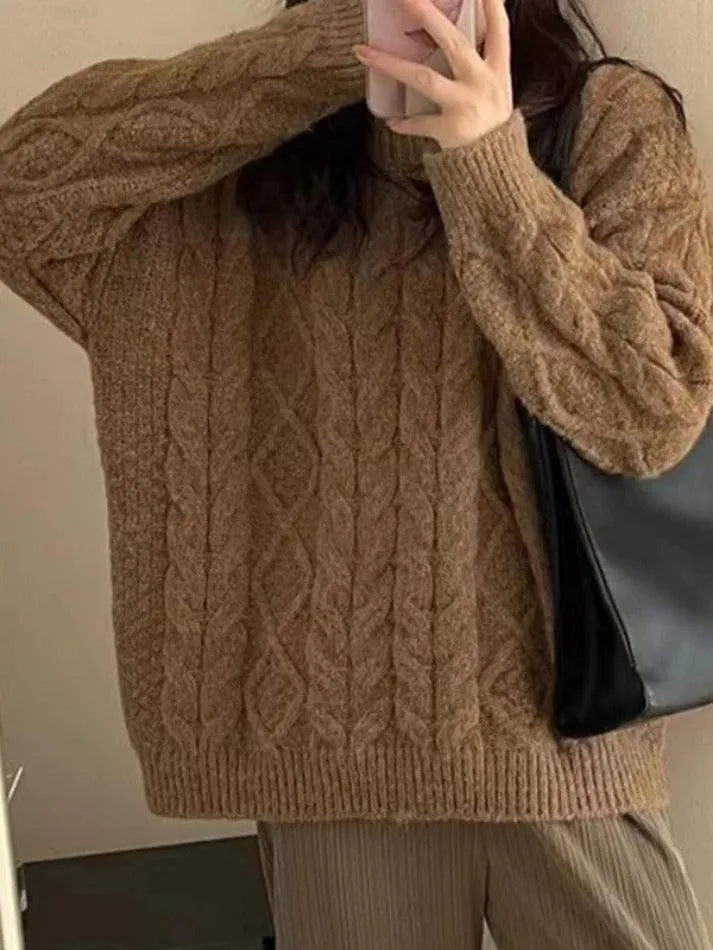 Back To School Sonicelife Solid Crew Neck Cable Knit Sweater