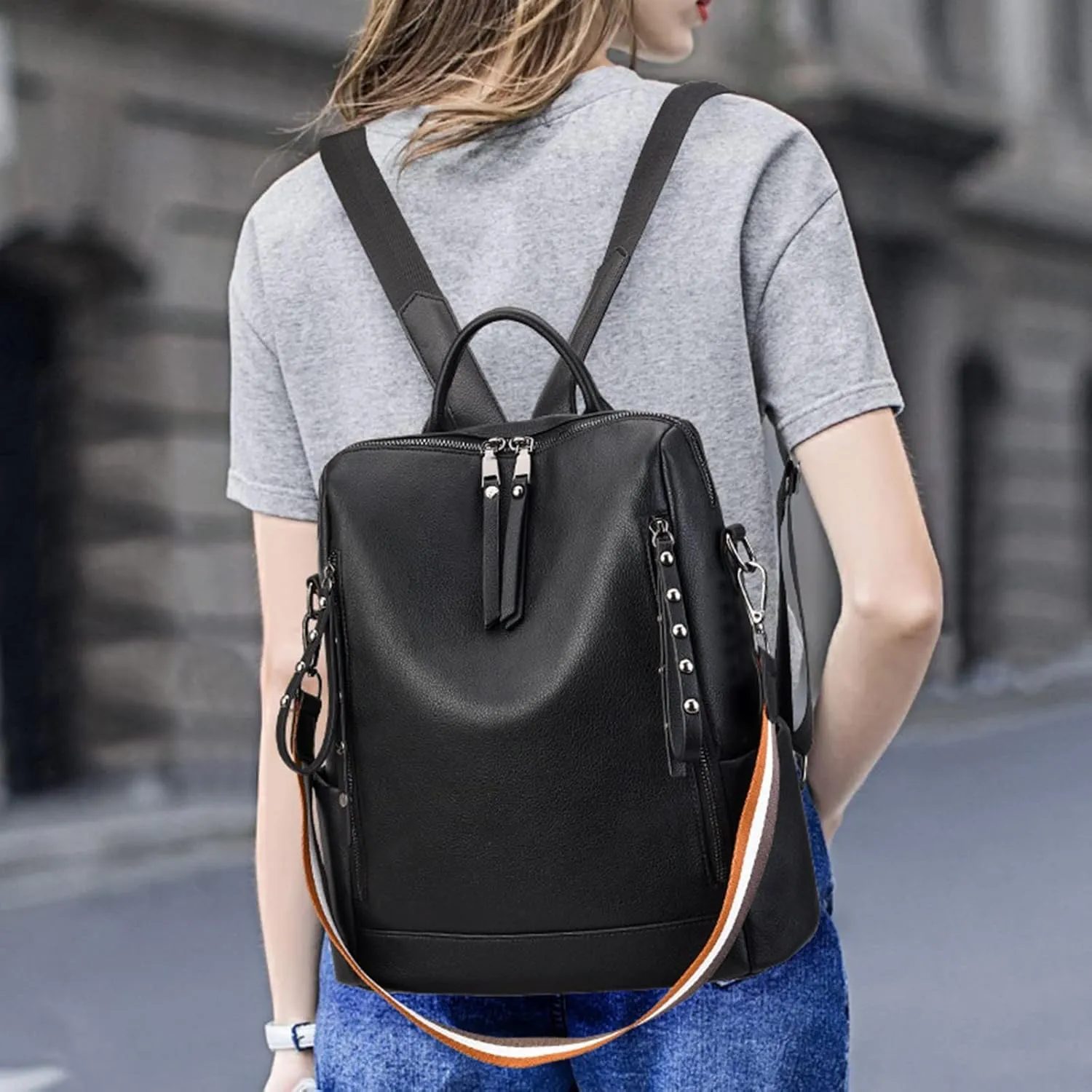 Bags College Casual Leather Travel Backpack For s Tooled Leather Backpack (Black, One Size)