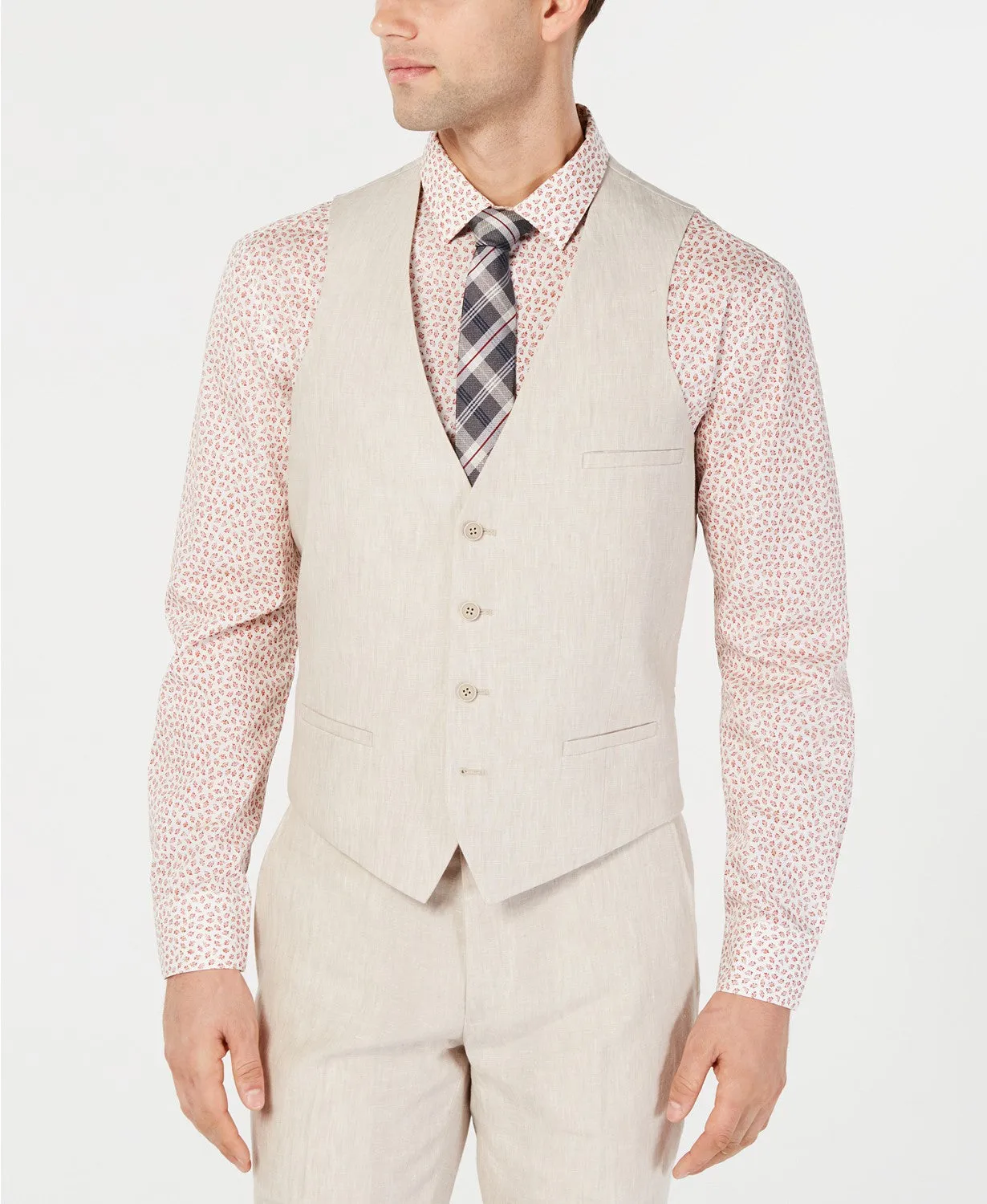Bar III Men's Slim-Fit Linen Suit Vest Tan Large
