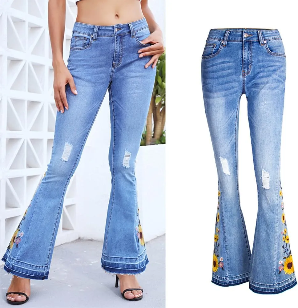 Bell Bottom Jeans for Women Flared Jeans Floral Embroidered Jeans 70s Outfits Bootcut Jeans Wide Leg Denim Pants