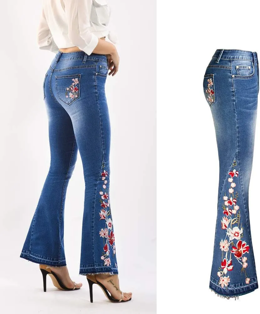 Bell Bottom Jeans for Women Flared Jeans Floral Embroidered Jeans 70s Outfits Bootcut Jeans Wide Leg Denim Pants