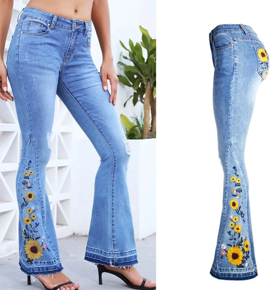 Bell Bottom Jeans for Women Flared Jeans Floral Embroidered Jeans 70s Outfits Bootcut Jeans Wide Leg Denim Pants