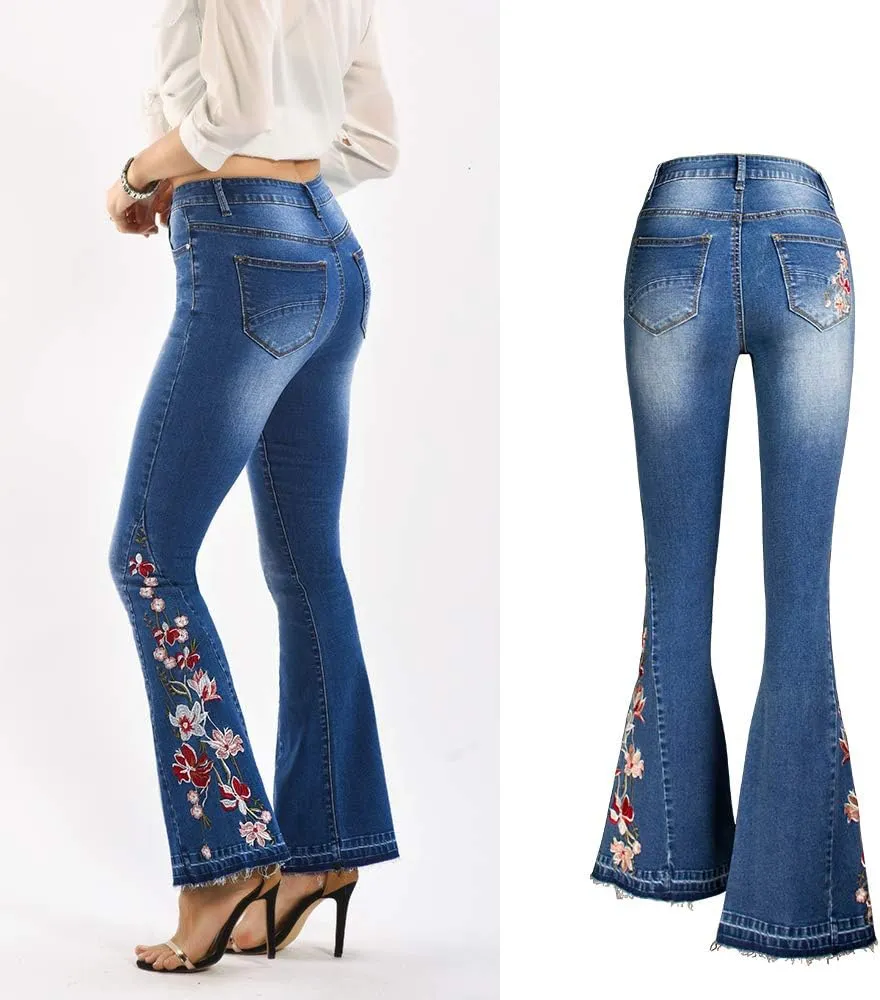 Bell Bottom Jeans for Women Flared Jeans Floral Embroidered Jeans 70s Outfits Bootcut Jeans Wide Leg Denim Pants