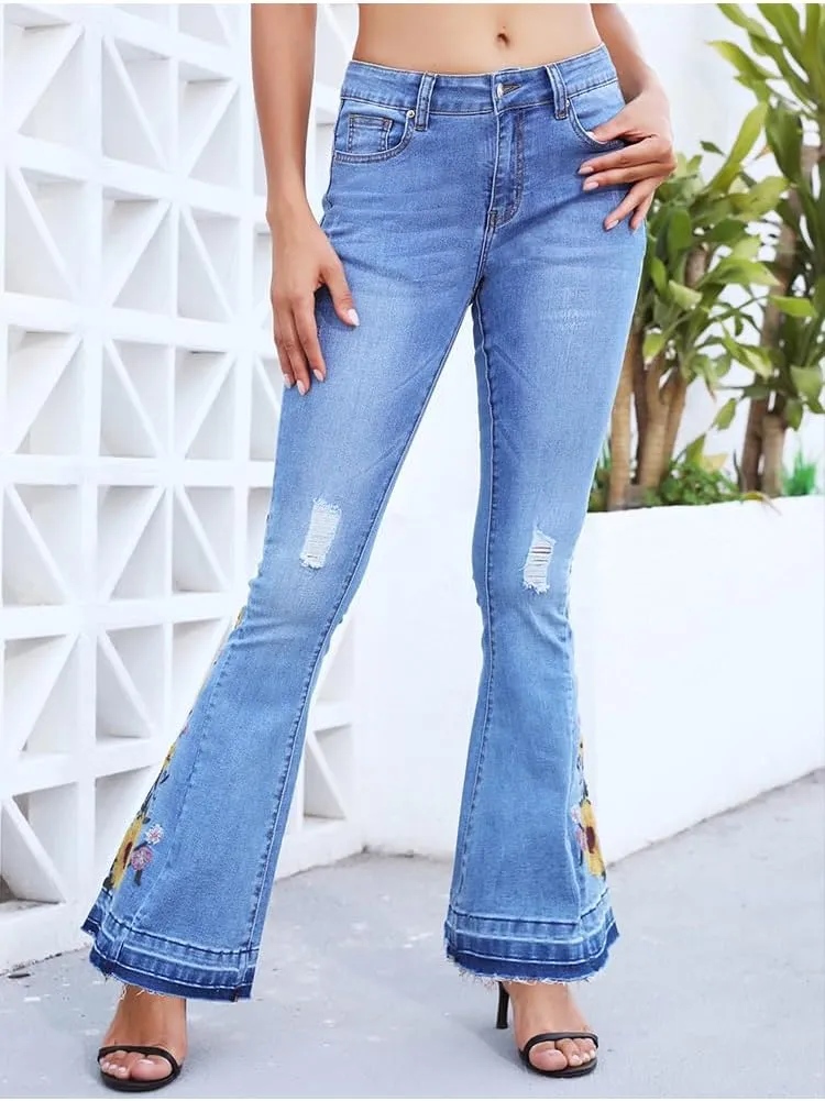 Bell Bottom Jeans for Women Flared Jeans Floral Embroidered Jeans 70s Outfits Bootcut Jeans Wide Leg Denim Pants