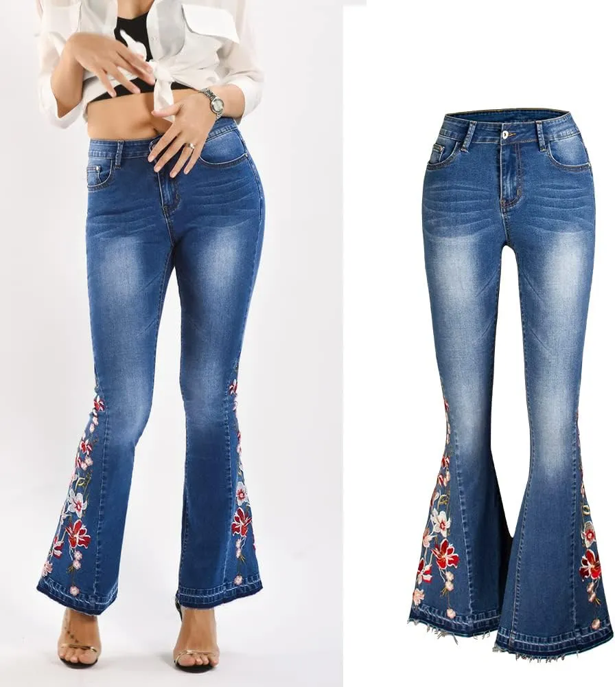 Bell Bottom Jeans for Women Flared Jeans Floral Embroidered Jeans 70s Outfits Bootcut Jeans Wide Leg Denim Pants