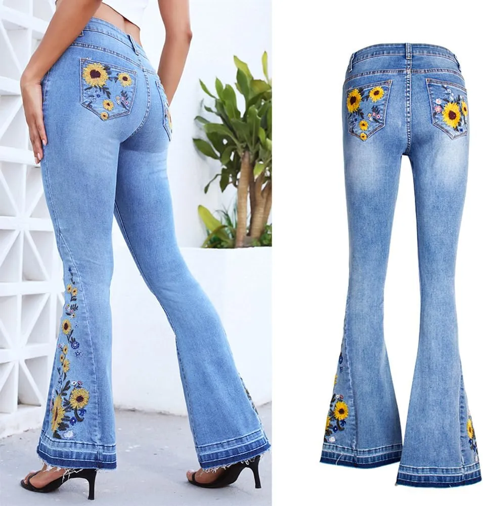 Bell Bottom Jeans for Women Flared Jeans Floral Embroidered Jeans 70s Outfits Bootcut Jeans Wide Leg Denim Pants