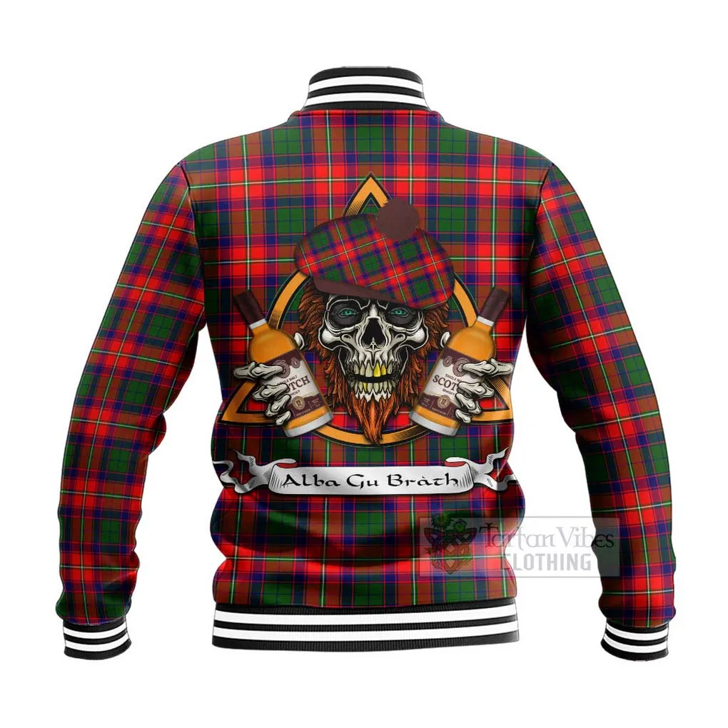 Belshes (Belsches) Tartan Baseball Jacket with Family Crest and Bearded Skull Holding Bottles of Whiskey