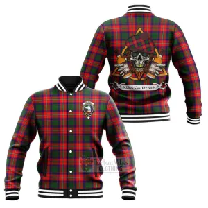 Belshes (Belsches) Tartan Baseball Jacket with Family Crest and Bearded Skull Holding Bottles of Whiskey