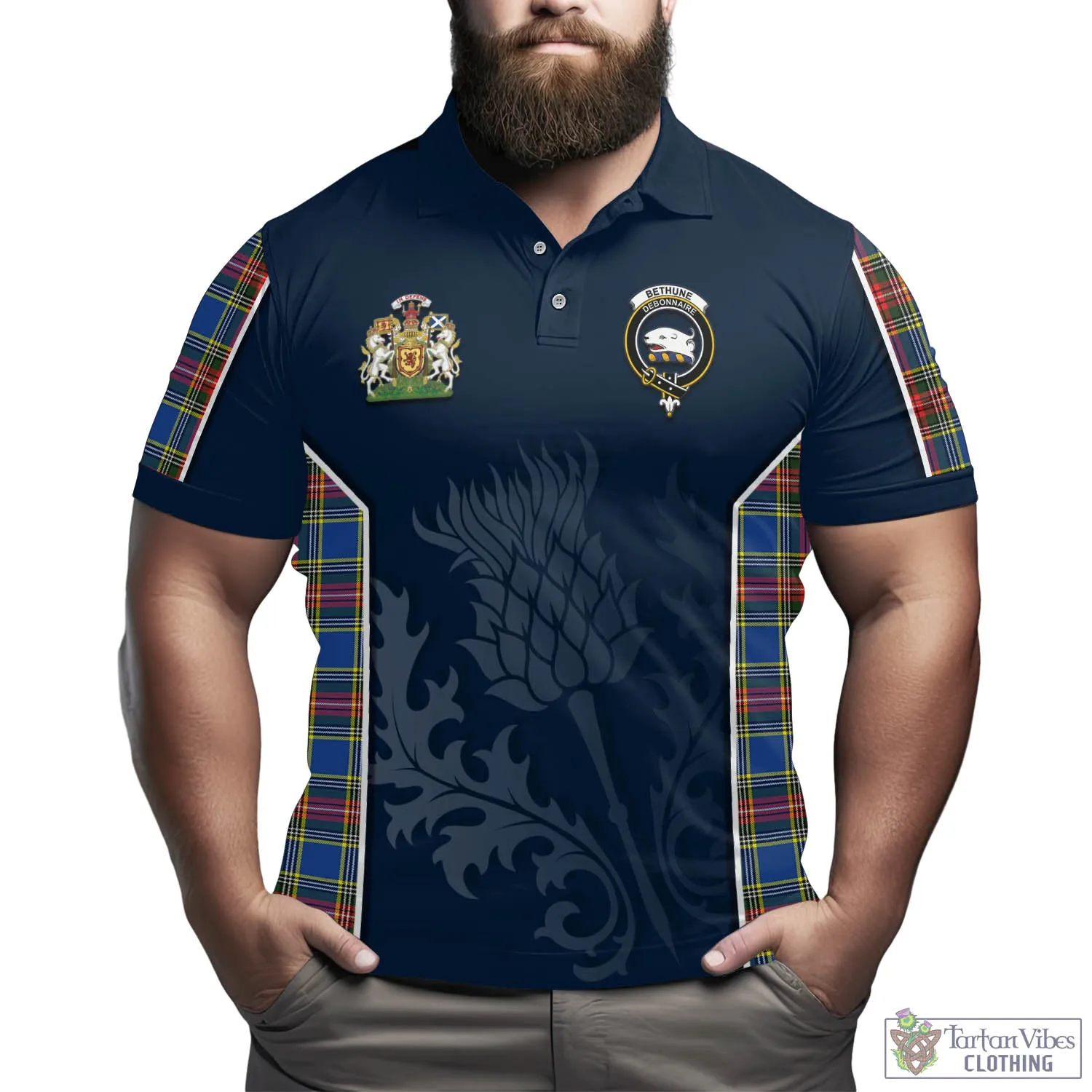 Bethune Tartan Men's Polo Shirt with Family Crest and Scottish Thistle Vibes Sport Style
