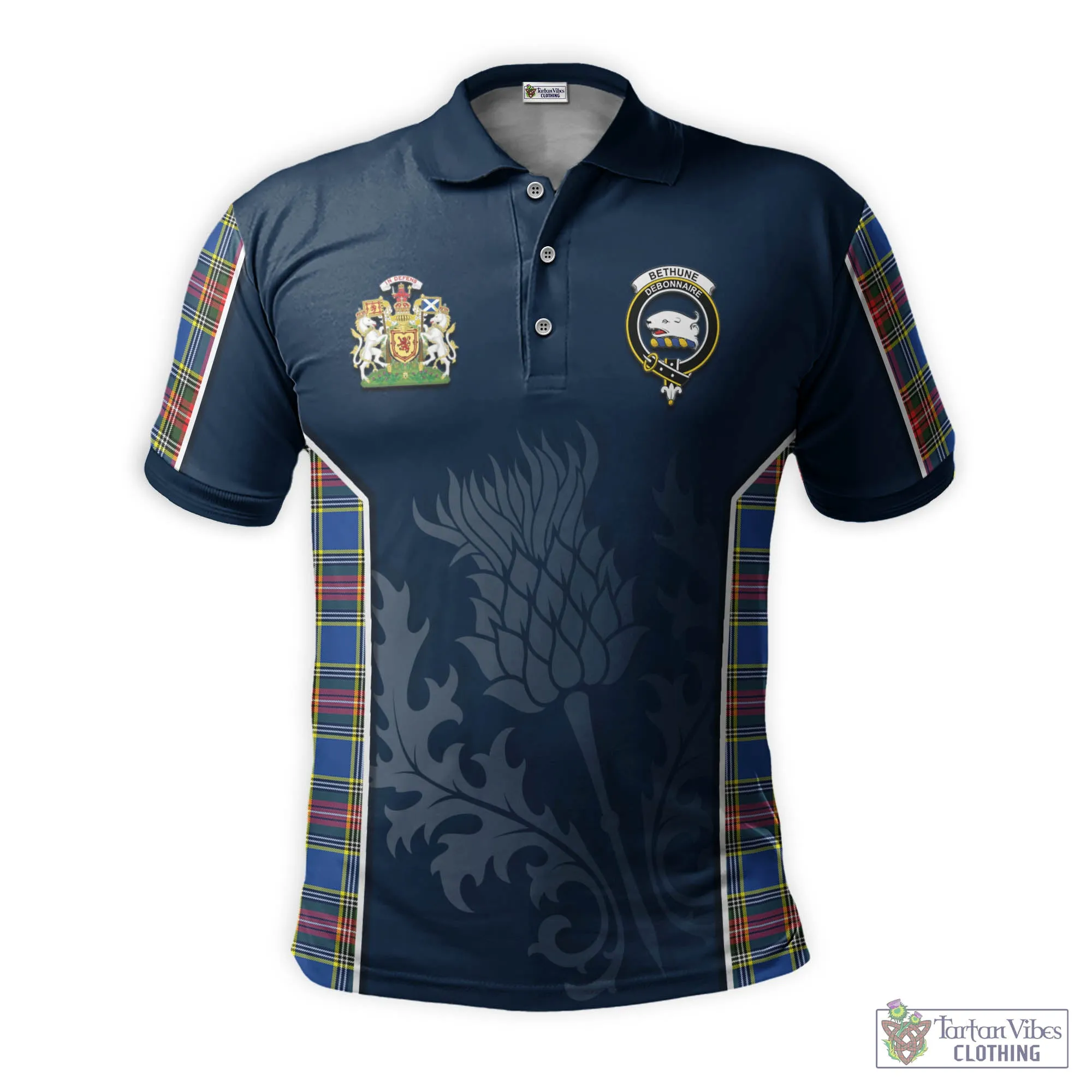 Bethune Tartan Men's Polo Shirt with Family Crest and Scottish Thistle Vibes Sport Style