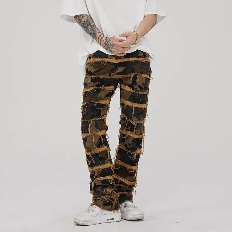 Black Camouflage Retro Tassel Jeans