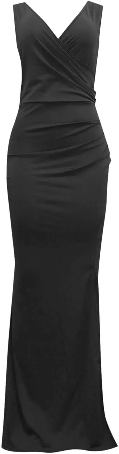 Black Midi Dress For Women Elegant Sleeveless V Neck Split Evening Gown For Women Long Formal Women's Formal