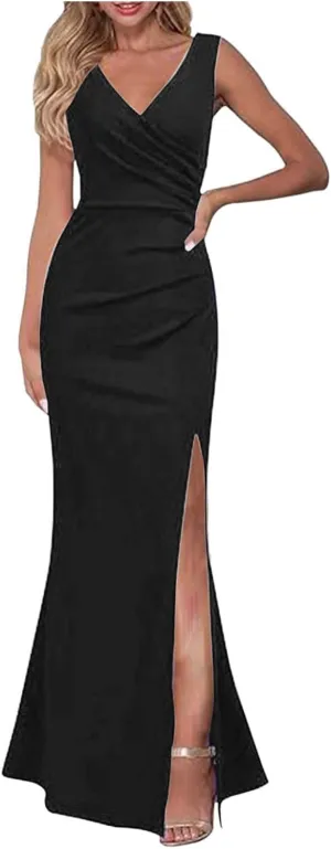 Black Midi Dress For Women Elegant Sleeveless V Neck Split Evening Gown For Women Long Formal Women's Formal