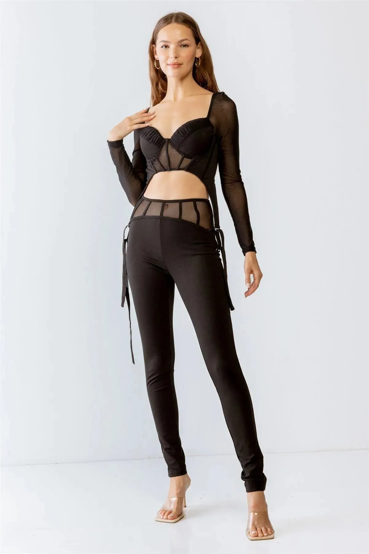 Black Rushed Bust Corset Mesh Long Sleeve Crop Top & High Waist Slim Fit Corset Detail Pants Set S-M-L/2-2-2