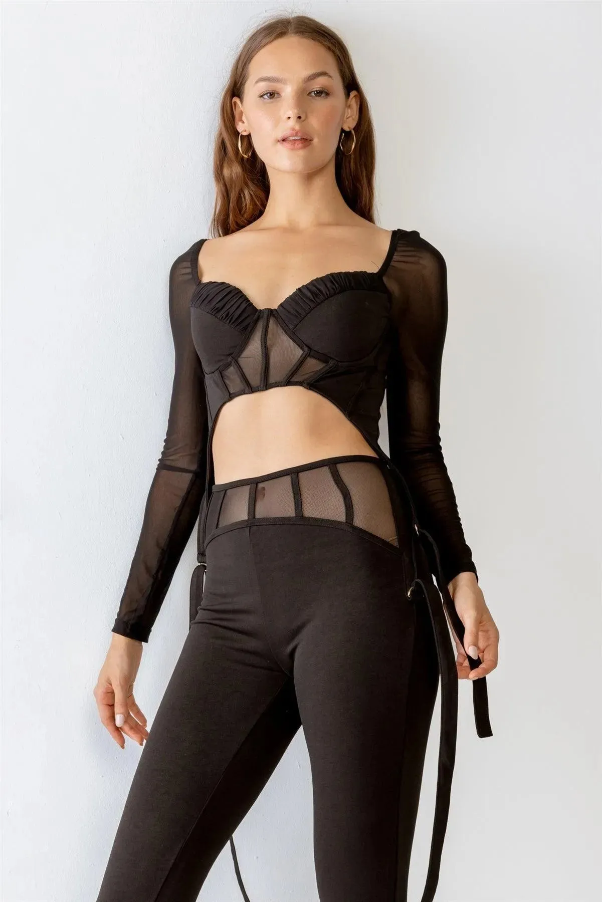 Black Rushed Bust Corset Mesh Long Sleeve Crop Top & High Waist Slim Fit Corset Detail Pants Set S-M-L/2-2-2