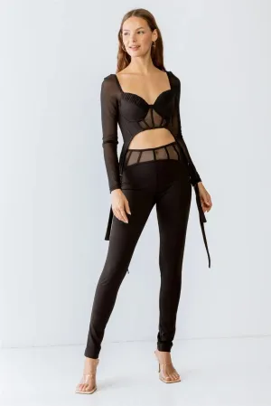 Black Rushed Bust Corset Mesh Long Sleeve Crop Top & High Waist Slim Fit Corset Detail Pants Set S-M-L/2-2-2
