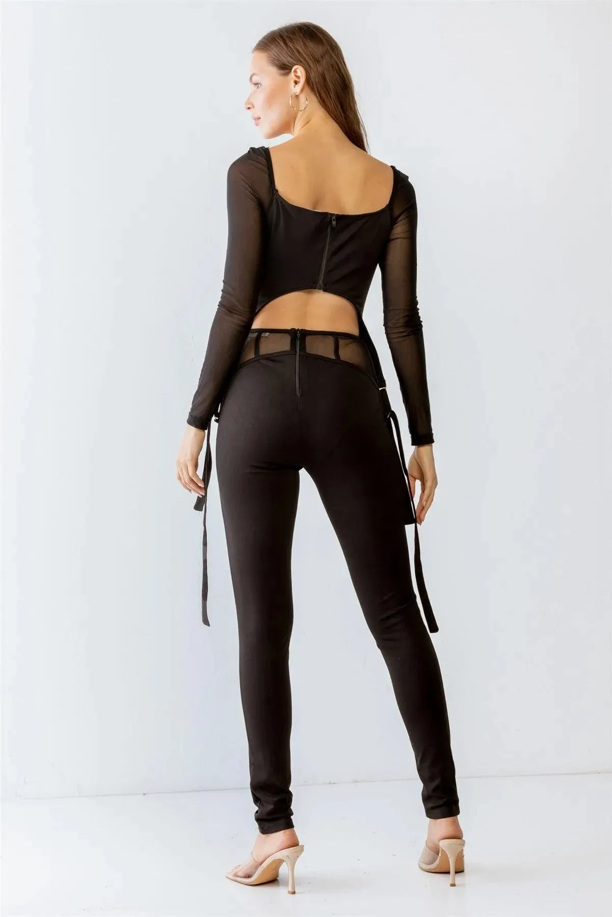 Black Rushed Bust Corset Mesh Long Sleeve Crop Top & High Waist Slim Fit Corset Detail Pants Set S-M-L/2-2-2