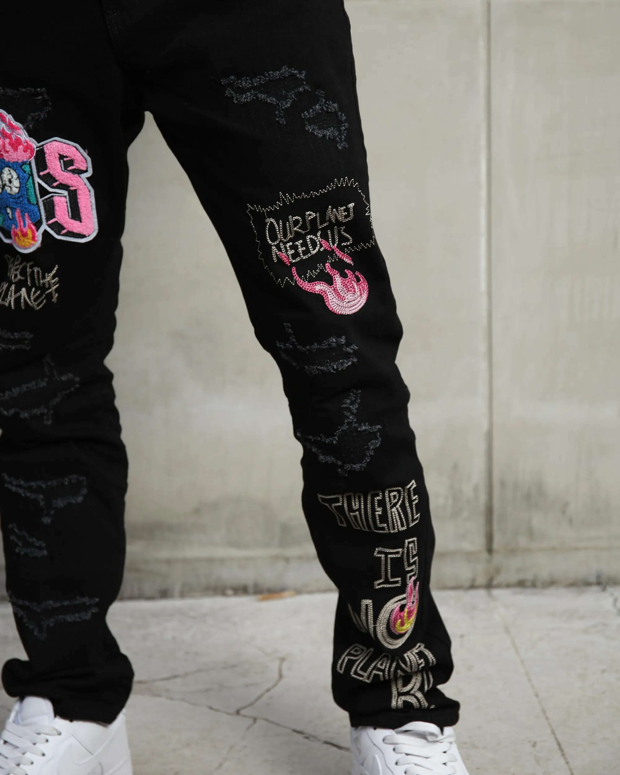 Black Streetwear Patchwork Ripped Jeans-Mexico Local Delivery