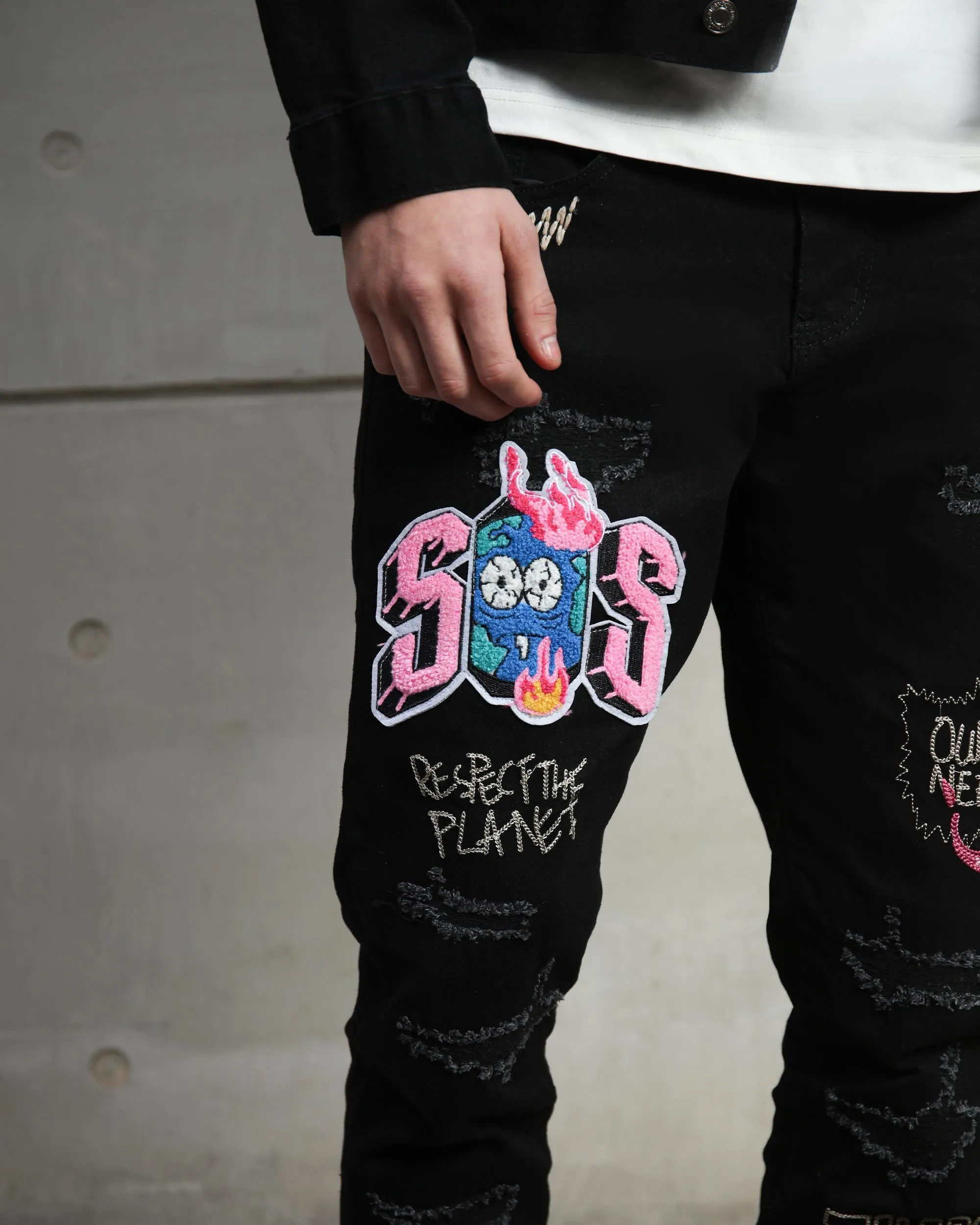 Black Streetwear Patchwork Ripped Jeans-Mexico Local Delivery