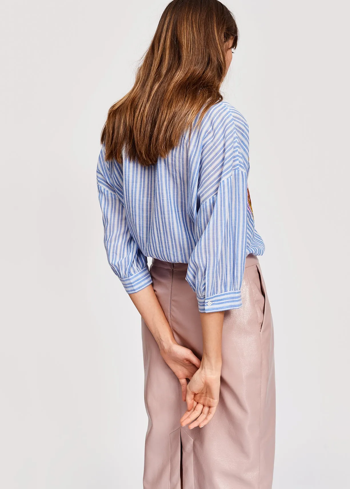 Blue and white striped embroidered shirt