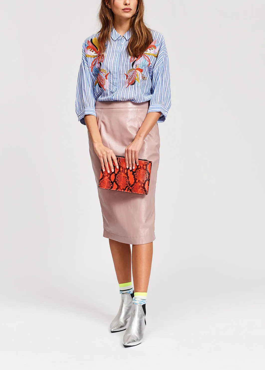 Blue and white striped embroidered shirt