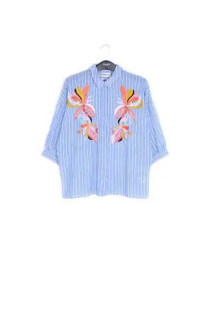 Blue and white striped embroidered shirt