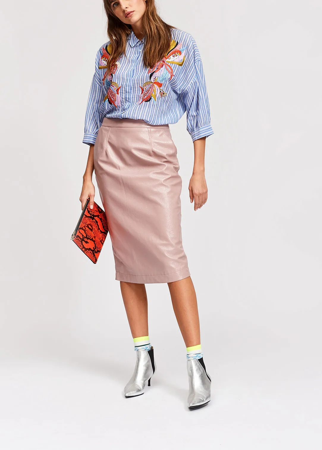 Blue and white striped embroidered shirt