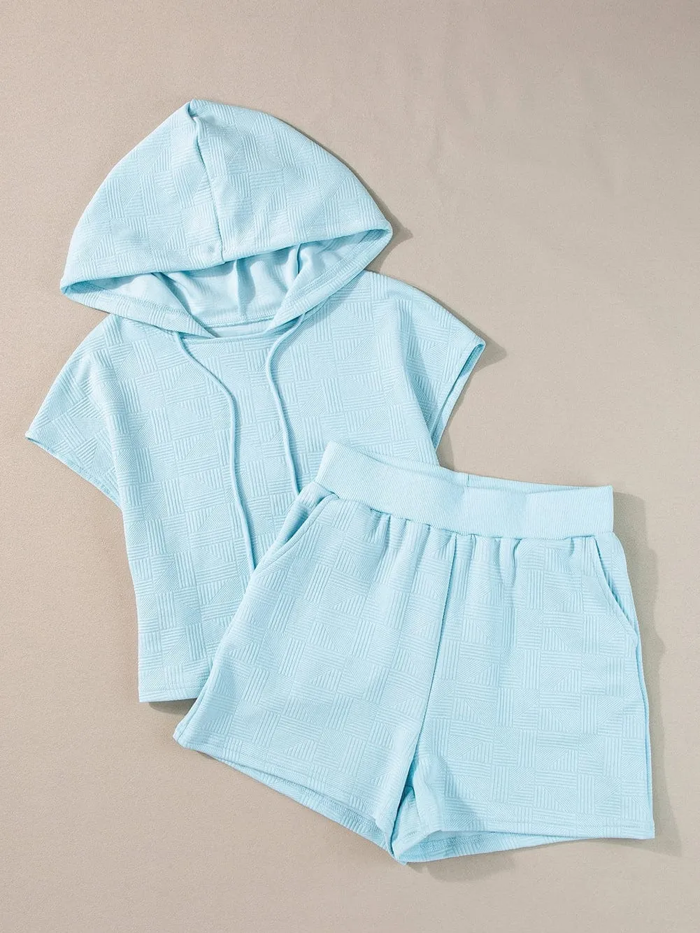 Blue Textured Hoodie and Shorts Set with a Chic Twist