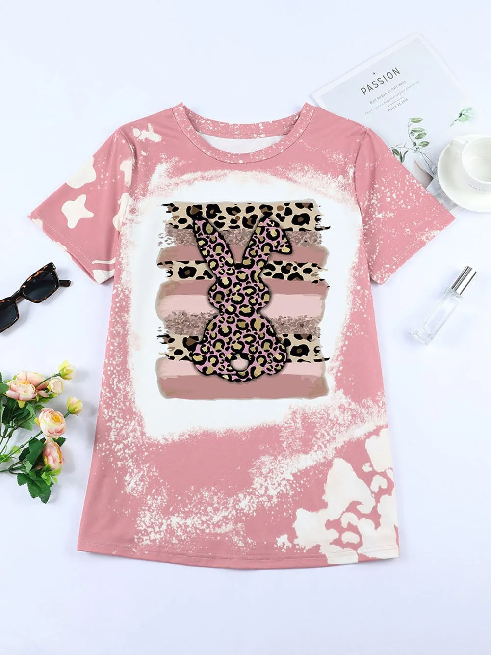 Blush Pink Leopard Rabbit Tie Dye Graphic Tee