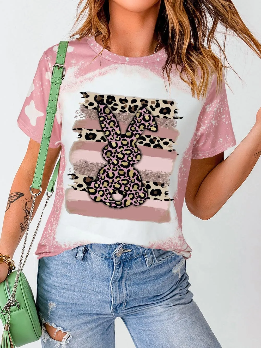 Blush Pink Leopard Rabbit Tie Dye Graphic Tee