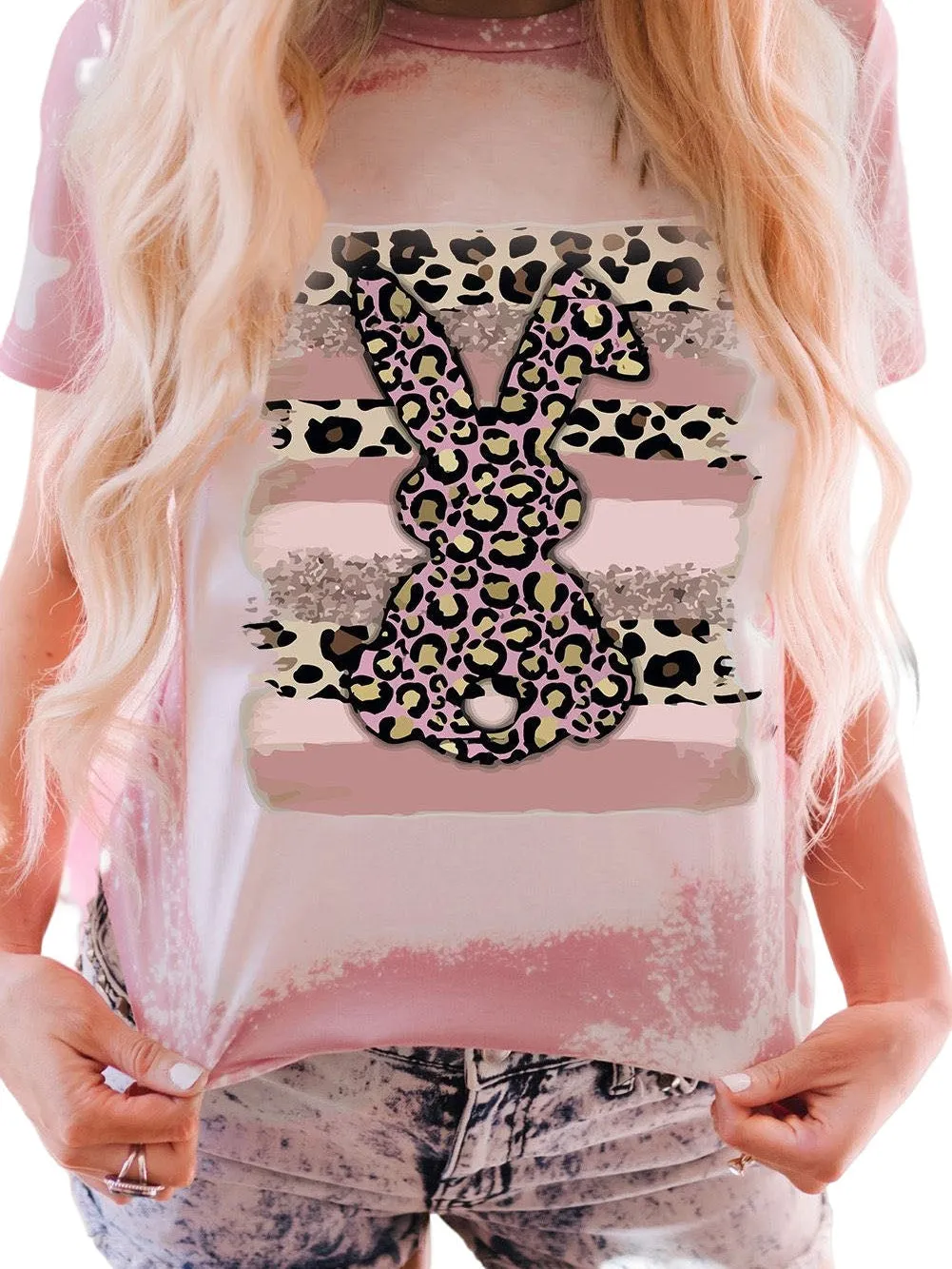 Blush Pink Leopard Rabbit Tie Dye Graphic Tee