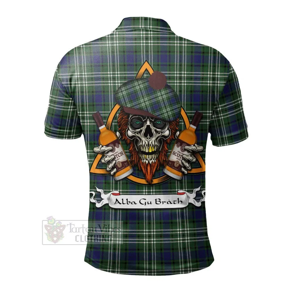 Blyth Tartan Polo Shirt with Family Crest and Bearded Skull Holding Bottles of Whiskey