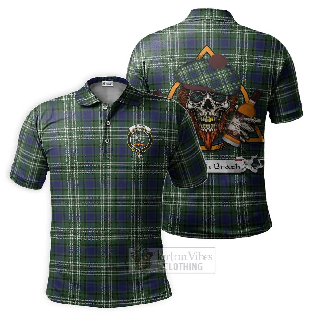 Blyth Tartan Polo Shirt with Family Crest and Bearded Skull Holding Bottles of Whiskey